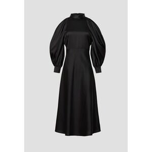 ARIAS NEW YORK Black Satin Mock Neck Cold‎ Shoulder Balloon Sleeve Midi Dress